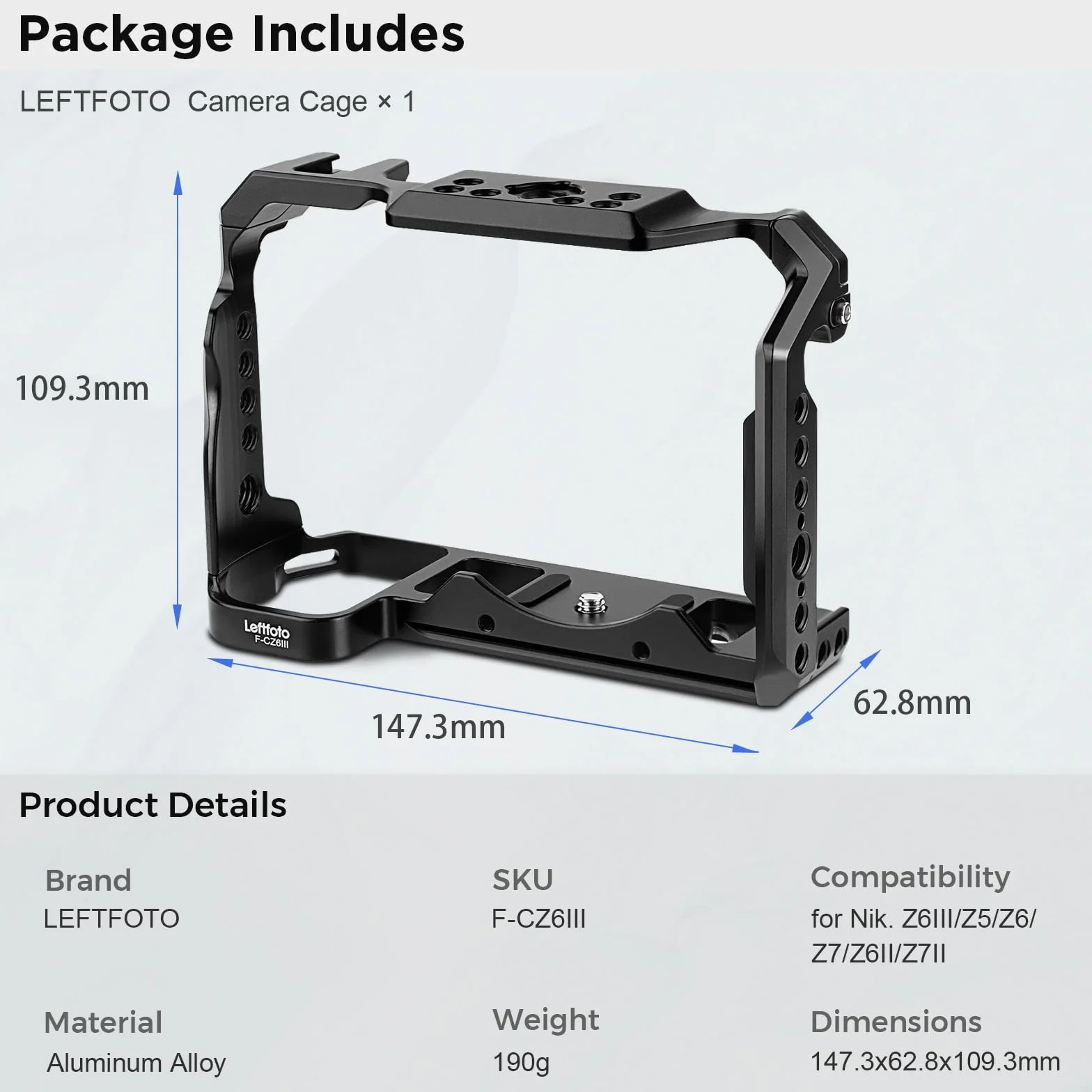 Leftfoto Cage pour appareil photo Nikon Z6III/Z5/Z6/Z7/Z6II/Z7II, cadre de protection avec base Arca, cage vidéo pour prise de vue vidéo Vlog