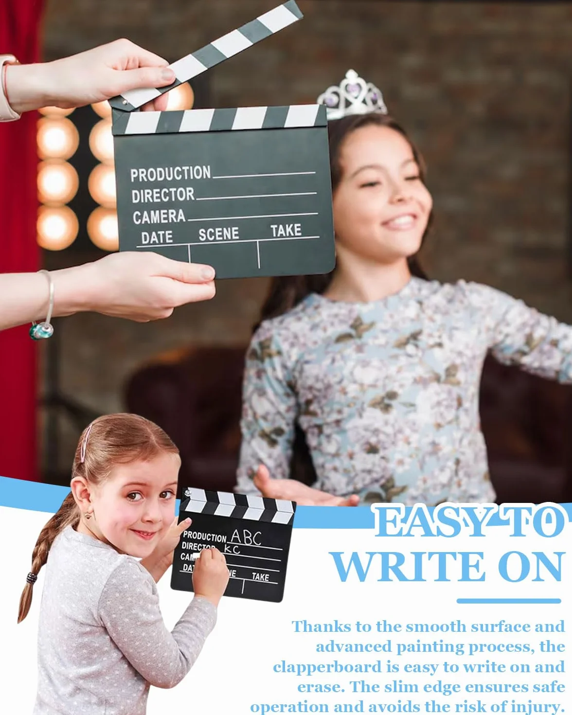 1 clap de cinéma en carton, 20 x 18 cm, clap de réalisateur, tableau de tournage, couverture à rabat, notes de scène, couverture effaçable, accessoire de tournage (noir et blanc)
