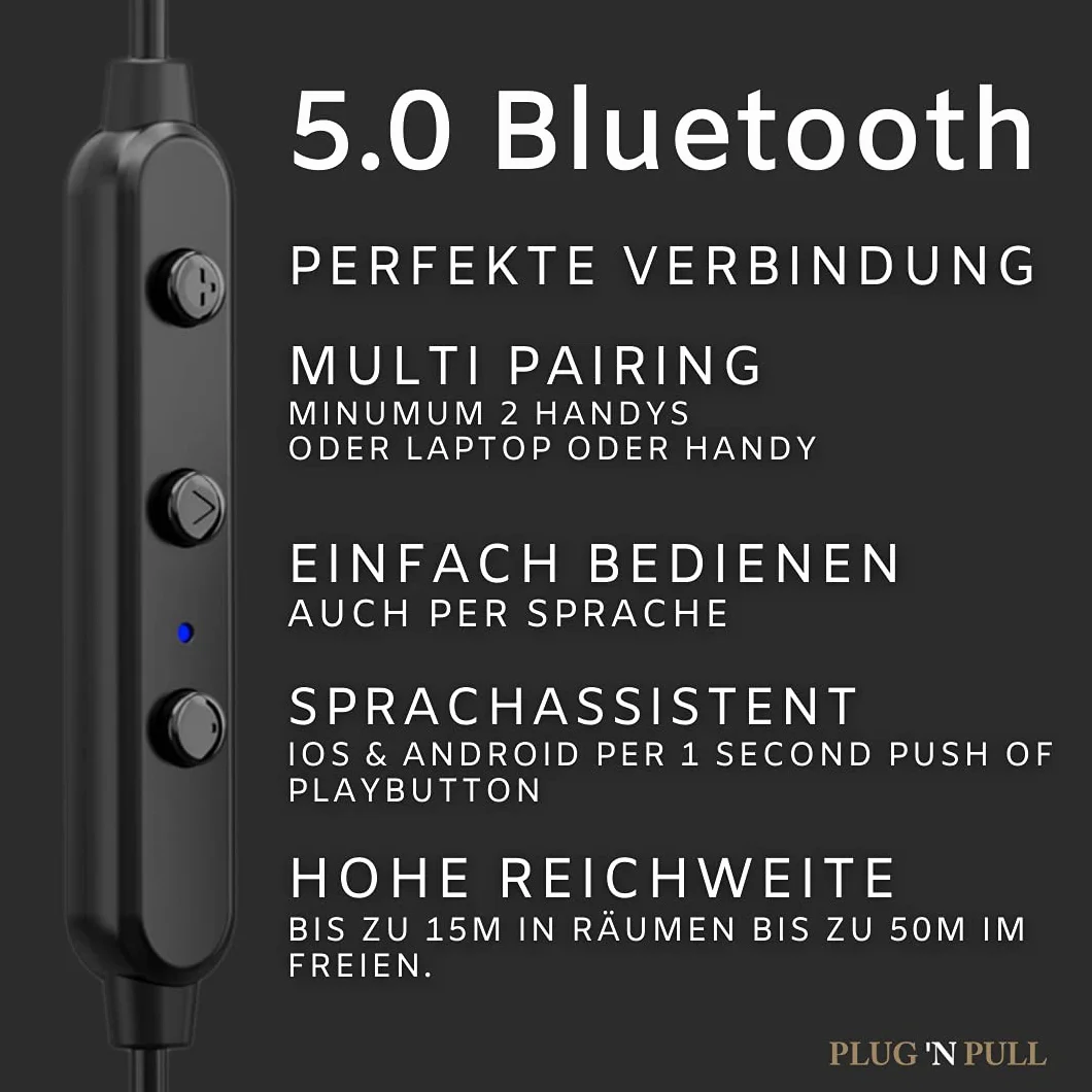 PLUG 'N PULL Écouteurs intra auriculaires sans fil Bluetooth 5.0 avec micro, 15 heures d'autonomie, microphone avec réduction de bruit, idéal sport, résistant à la transpiration, fixation magnétique