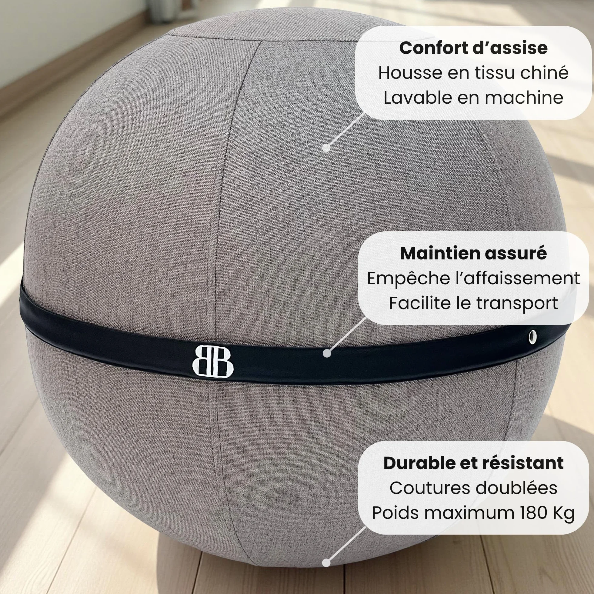 Siège Ballon Ergonomique 180Kg Housse Lavable Anti-Dérapante