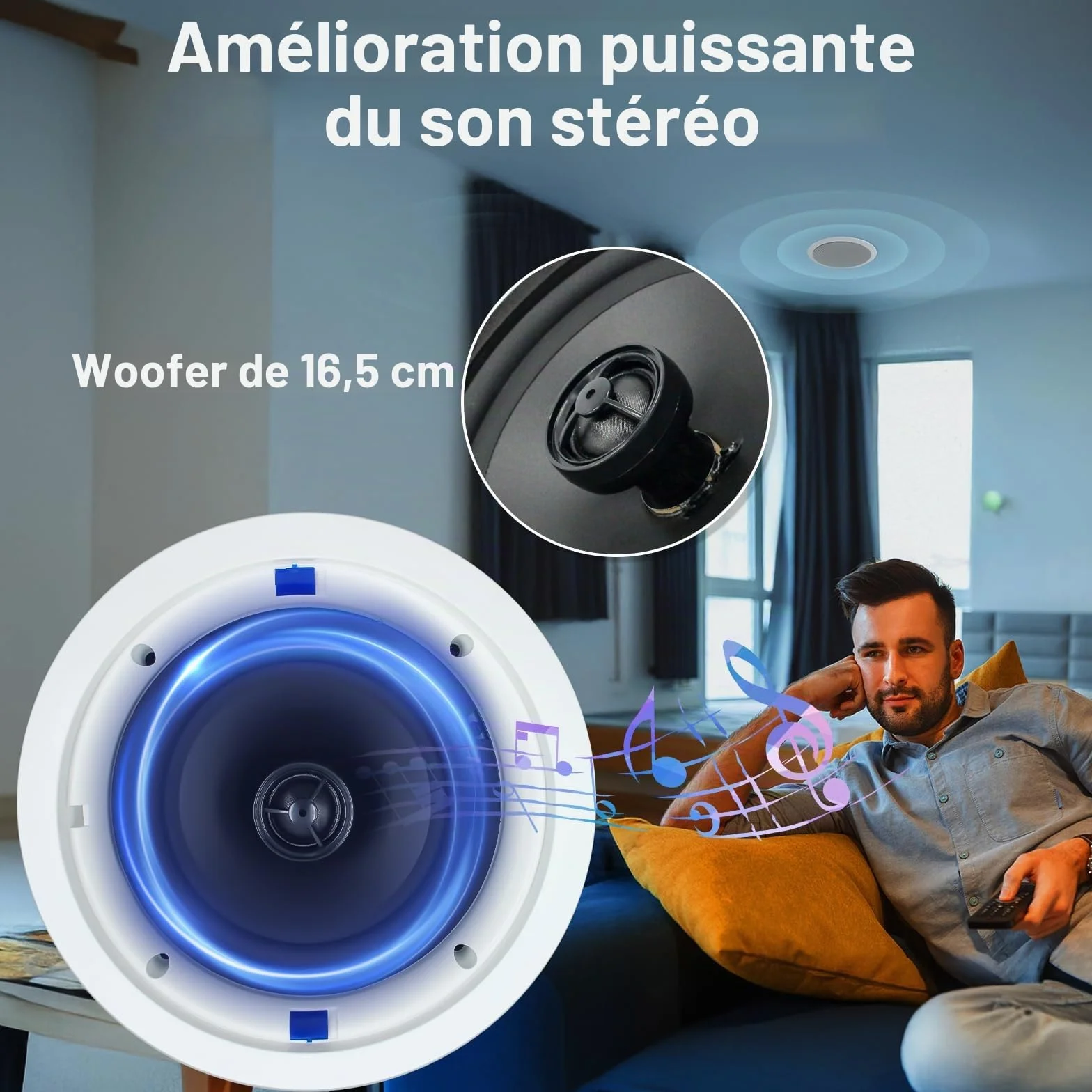 STUDIOFINIX Haut-parleur Bluetooth 6,5" 320 W 2 voies murale pour la maison, la salle de bain, la cuisine, le bureau avec son plein gamme