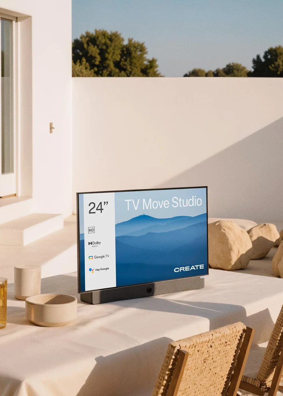 CREATE / TV Move Studio/Téléviseur Smart TV 24' Portable/avec Batterie jusqu'à 3h, écran antireflet, contrôle Vocal, Haute définition, Dolby Audio, Bluetooth 5.1, Google TV.