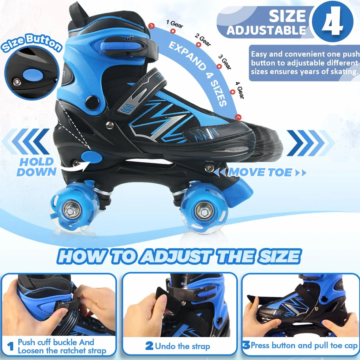 Patins à roulettes pour Enfants Garçons et Filles, 4 Tailles Réglables, Roues Lumineuses, Bleu et Rouge, Quad