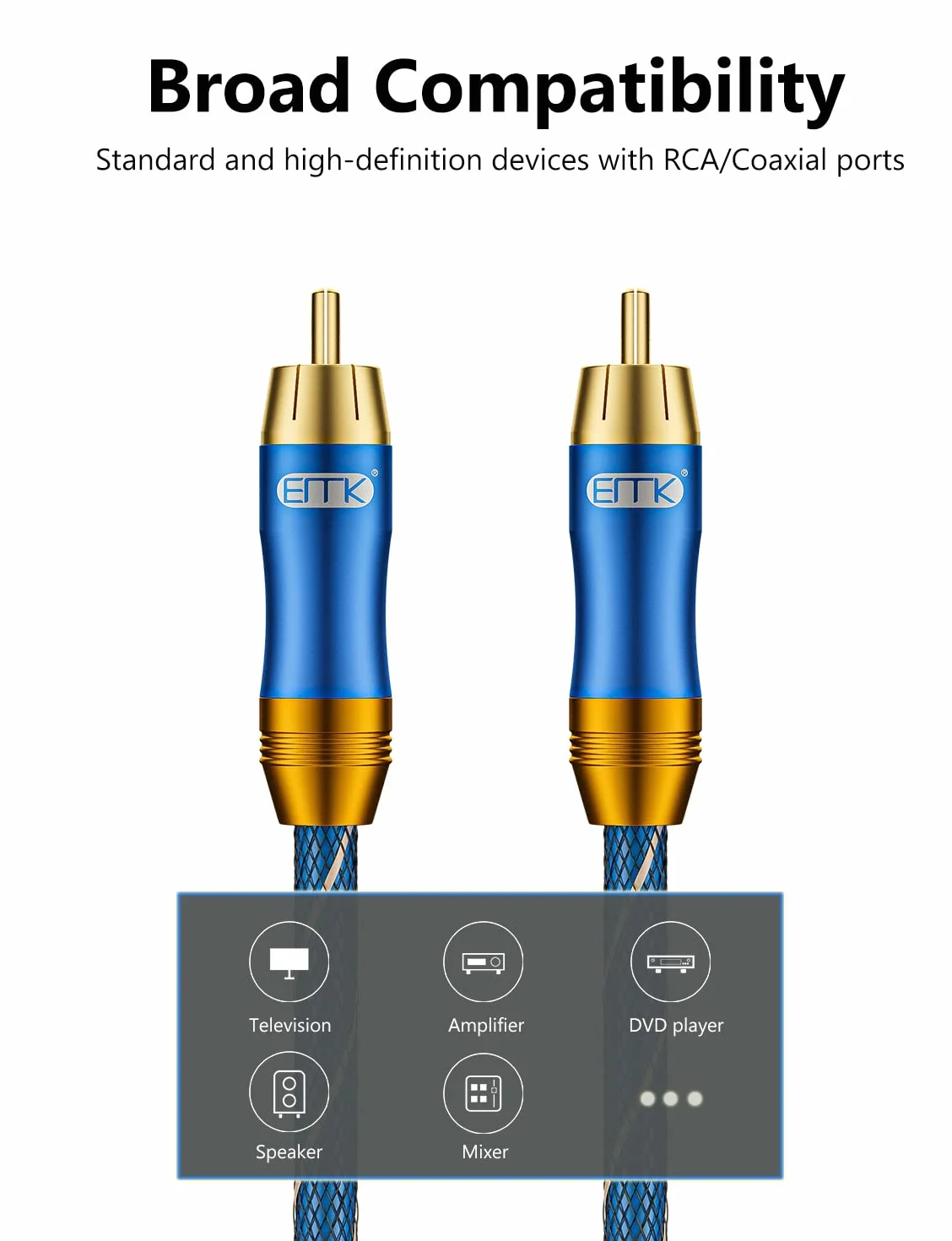 EMK Câble de Subwoofer, Câble Coaxial Numérique Cinch Câble Audio Plaqué or RCA pour Subwoofer, Récepteur AV, Amplificateur, Home Cinéma (Mâle à Mâle Câble Coaxial, 6Ft/2M)