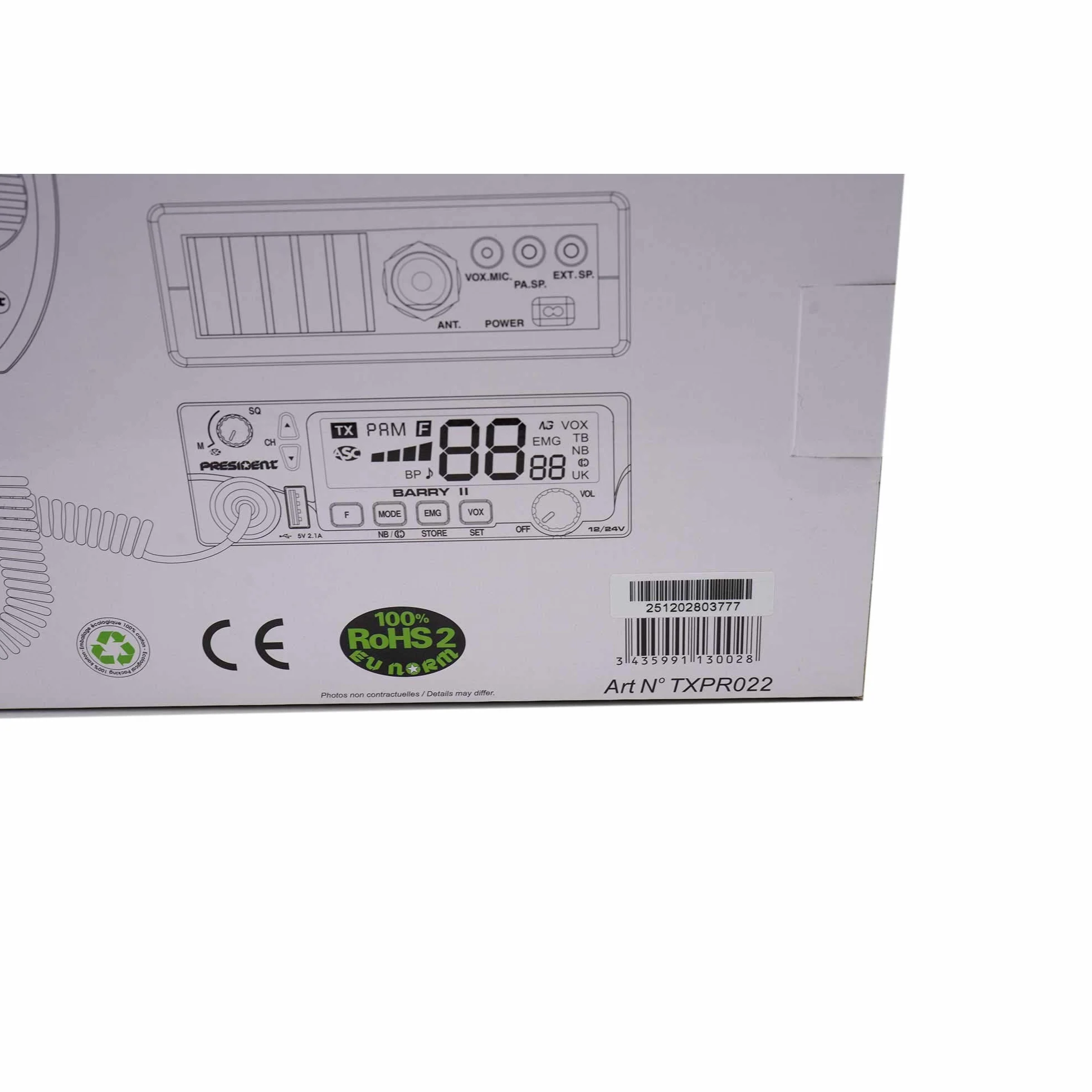 Radio CB President Barry II ASC AM/FM, Roger Beep, NB, ANL, Port USB, 12V / 24V