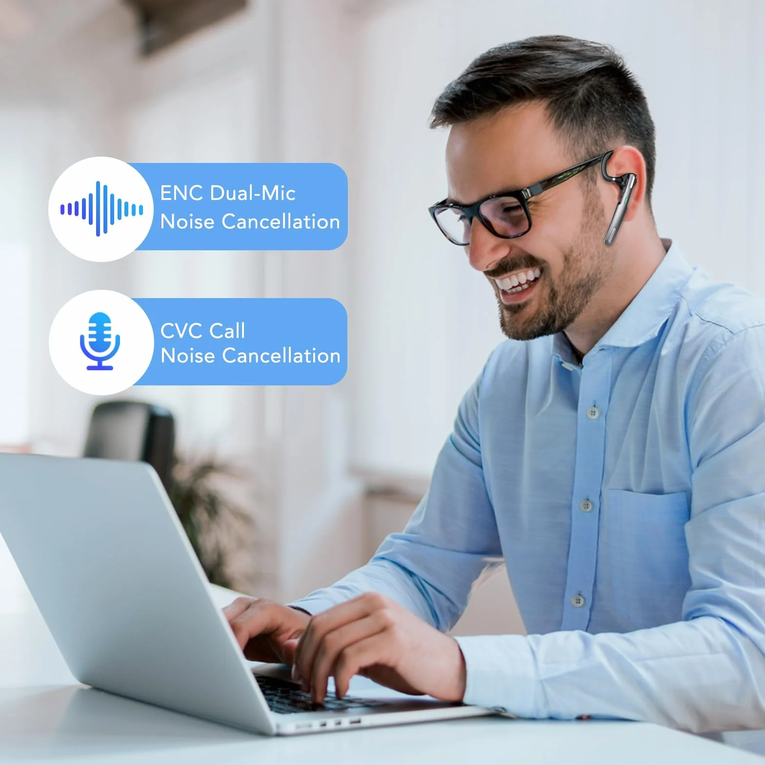 Oreillette Bluetooth sans Fill V5.3, Main Libre Bluetooth Oreillette, Casques Bluetooth Mono écouteur avec 2 ENC Réduction Bruit Mic, 100H Appel avec Écran LED, IP7 Étanche pour iOS Android