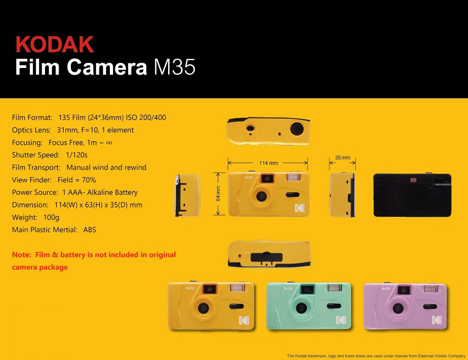 KODAK M35 DA00234 - Appareil Photo Rechargeable 35mm, Objectif Grand Angle Fixe, Viseur Optique, Flash Intégré, Pile AAA – Vert Menthe