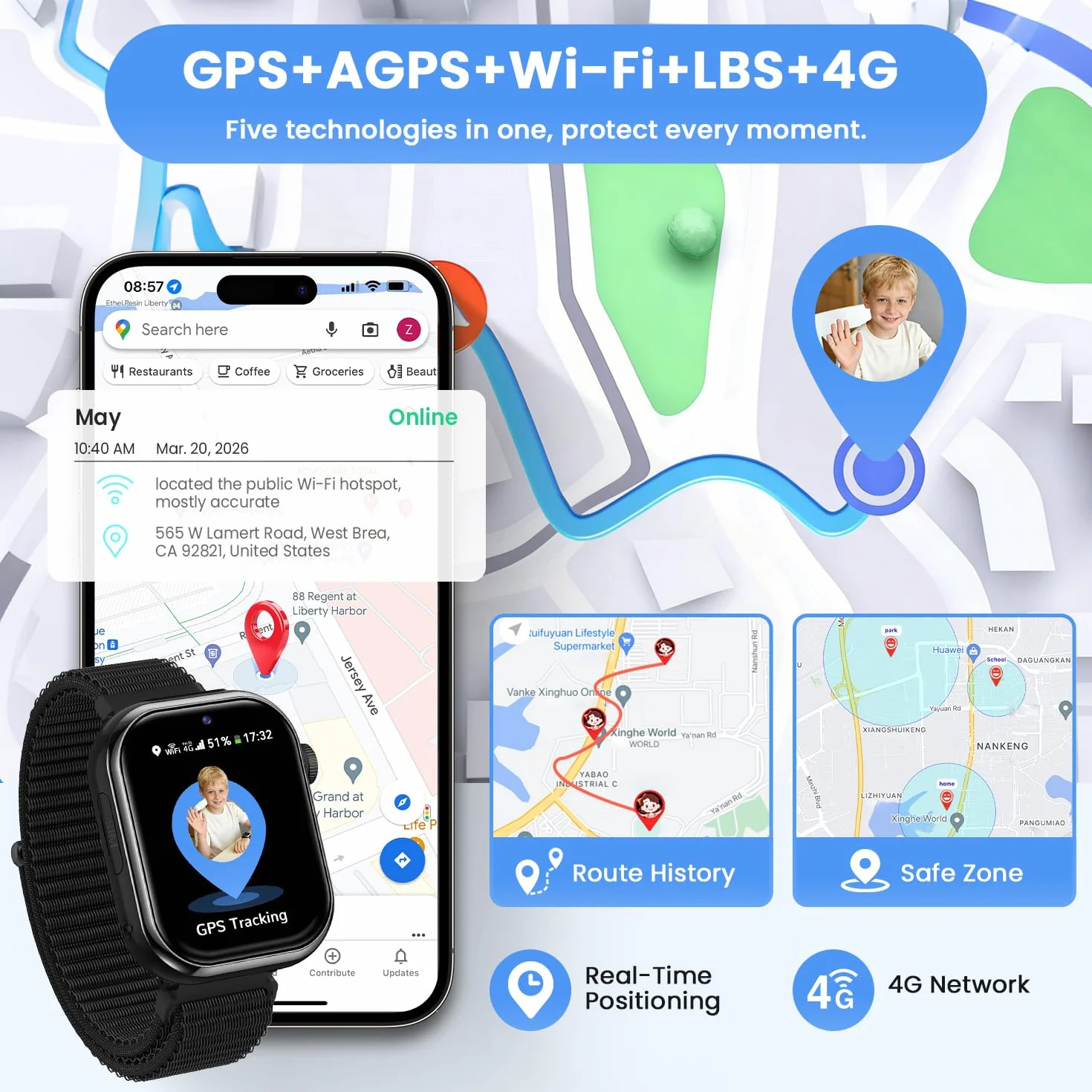 4G Montre Connectée Enfant, Montre Telephone Enfant avec GPS, Double Caméra, Appel Vidéo, Chat Vocal, SOS, Mode Classe, Lampe Torche, IP68, Podomètre, Cadeau pour Garçons Filles, Noir, Garantie 3 Ans