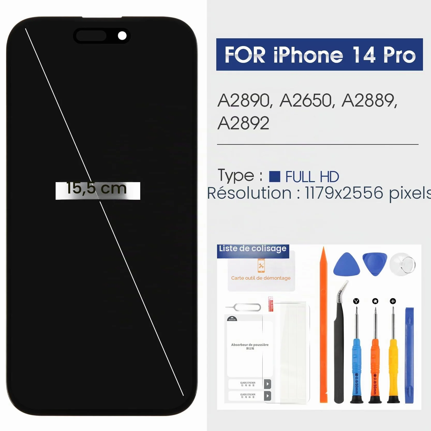 Reparo Incell LCD Écran pour iPhone 14 Pro Display - Ecran pour iPhone14 Pro LCD Display Écran Tactile Digitizer Assembly Kit de Réparation (modèles : A2890, A2650, A2889, A2892)