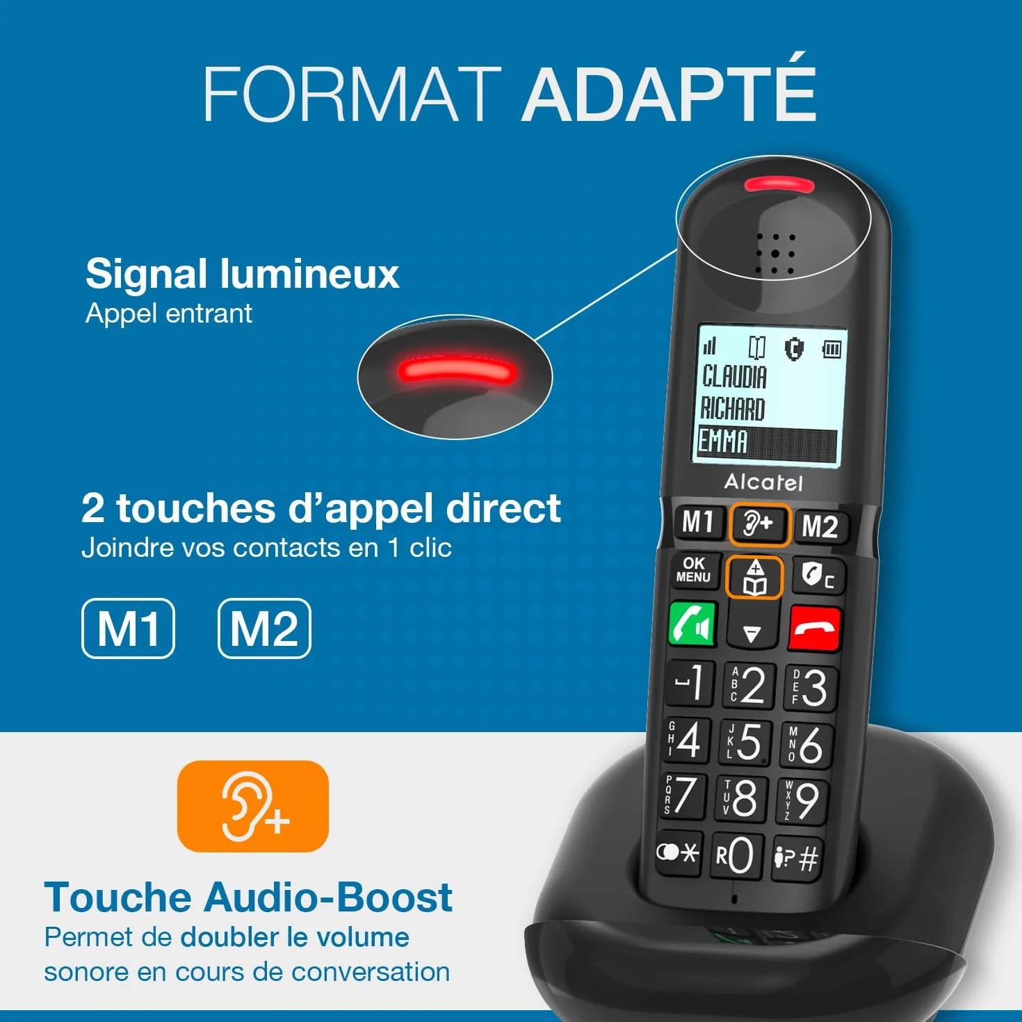 ALCATEL XL685 - Téléphone Fixe sans Fil DECT Senior Format XL - Écran Graphique Haute lisibilité - Grandes Touches - Audio Boost - Mains Libres - Blocage des Appels - Noir