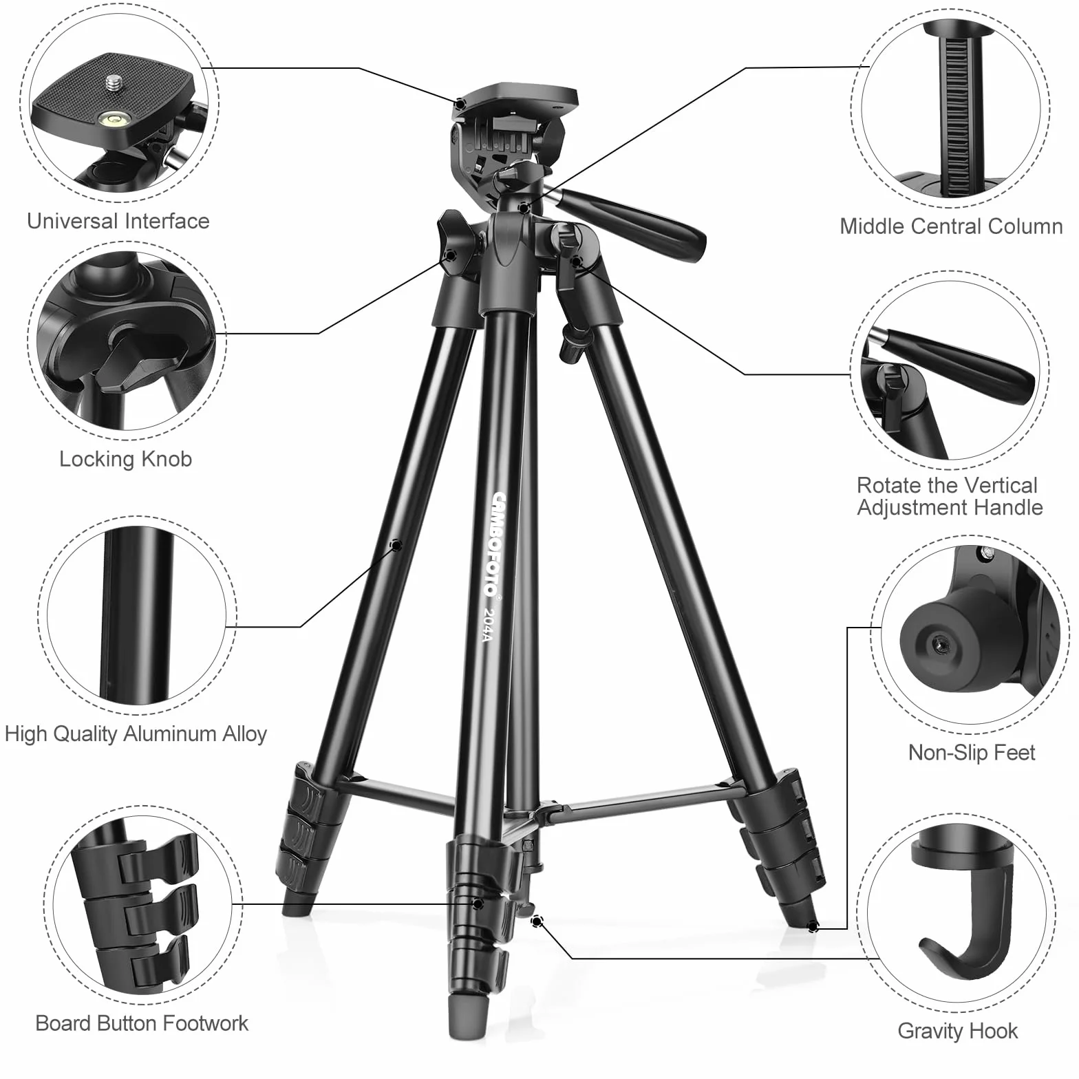 CAMBOFOTO Trépied Léger de 135 cm pour Téléphone, avec Support de Téléphone, Compatible avec iPhone et Autres Smartphones Android, Les Reflex Numériques et Les Cameras sans Miroir