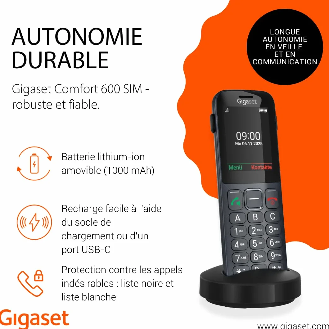 Gigaset Comfort 600 SIM Téléphone 4G Volte HD écran Couleur 2,4 Pouces Bluetooth 5.0 Compatible appareils auditifs Grande mémoire 500 Contacts Anthracite