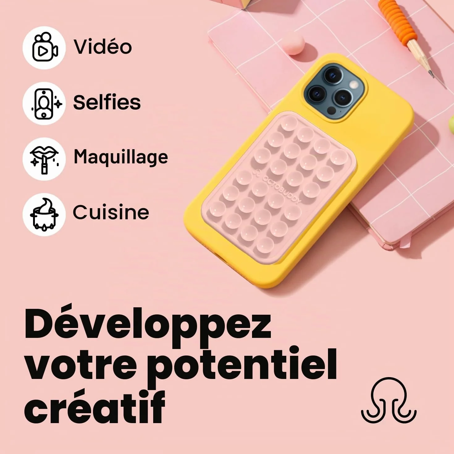 OCTOBUDDY Max || Support adhésif en Silicone pour Coque de téléphone || Compatible avec iPhone et Android, Support d'accessoires Mains Libres antidérapant pour Selfies et vidéos (Max - Rose Craie)