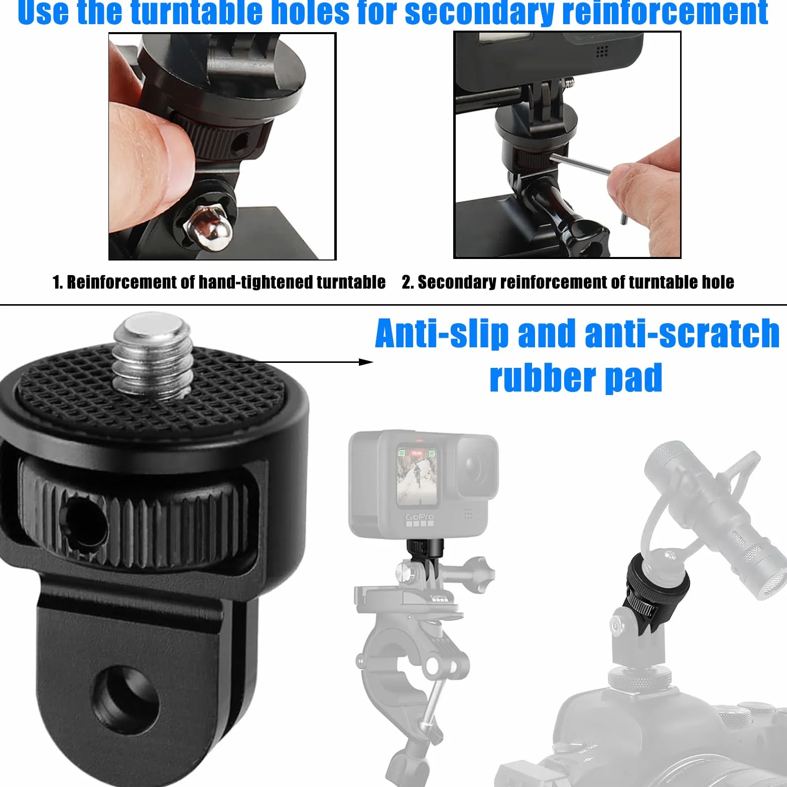 2 Pièces Adaptateur de Trépied en Aluminium, 1/4" Fixation de Trépied Compatible, Ajustement à 360 ° Adaptateur de Caméra, avec 2 Clés, pour Gopro Hero10, Sjcam Caméra(Noir)