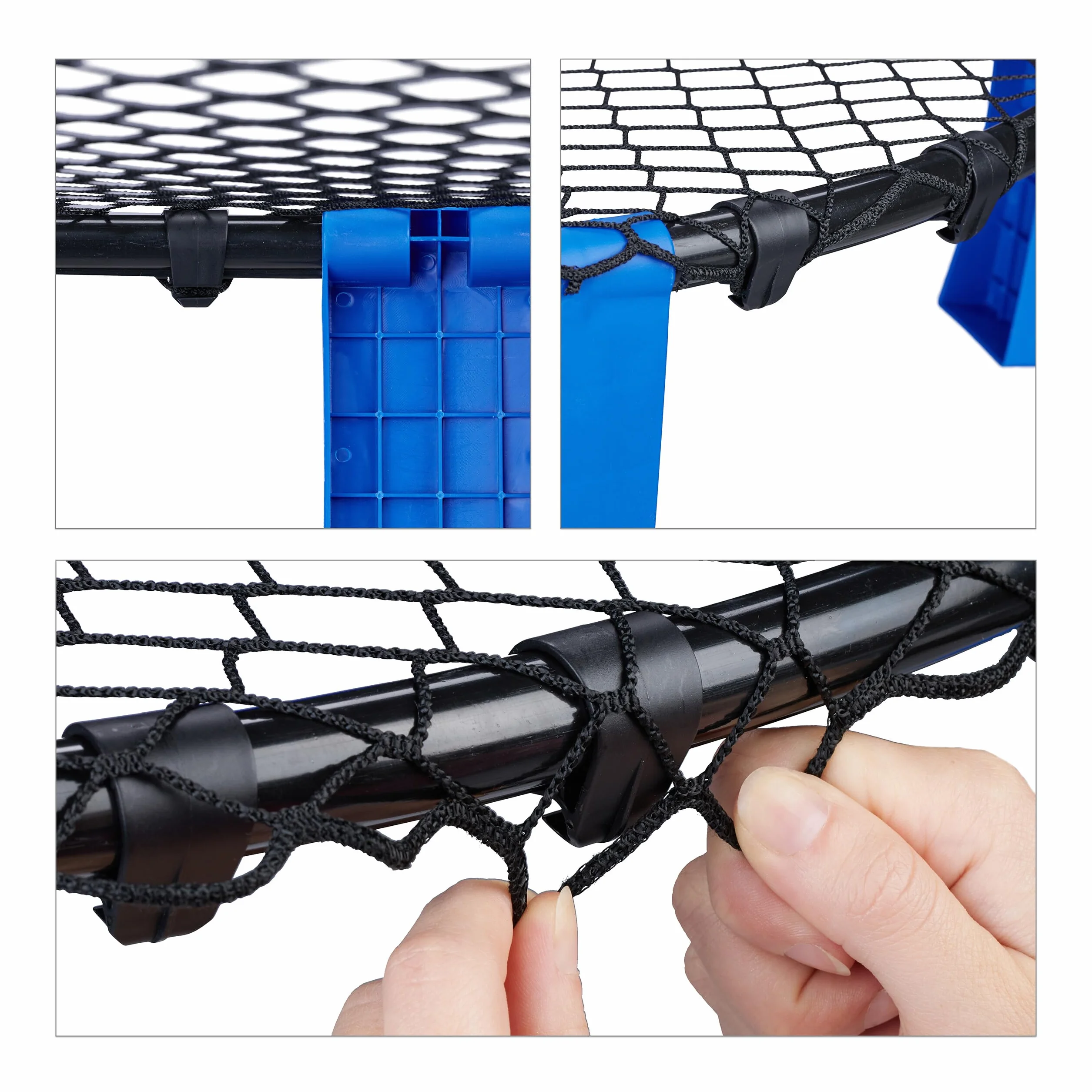 Relaxdays Kit de roundnet Complet, 3 Balles, Pompe, Filet, Sac de Rangement, Jeu d'extérieur, Noir/Bleu