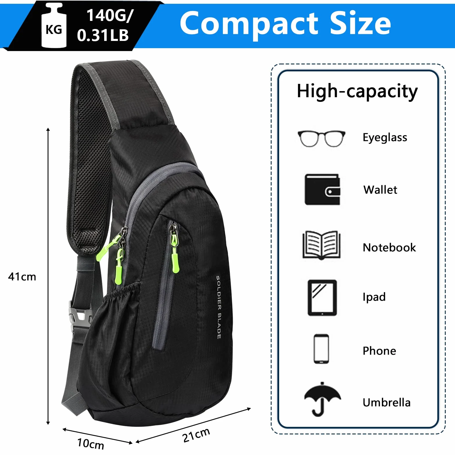 Sac de Poitrine Homme Bandoulière Léger Étanche Sling Petit Sac à Dos pour Randonnée Cyclisme Camping Voyager en Plein Air - Noir
