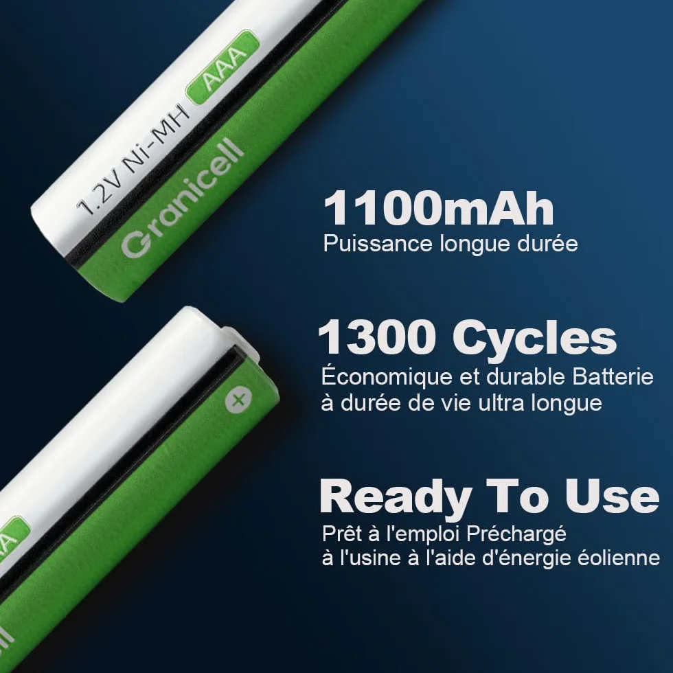 Granicell Lot de 12 piles rechargeables AAA 1100 mAh NiMH 1,2 V 1500 cycles