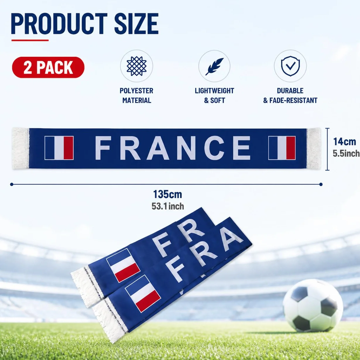 YESAH Écharpe de Supporter France Coupe du Monde 2026, Polyester Recto Verso Drapeau