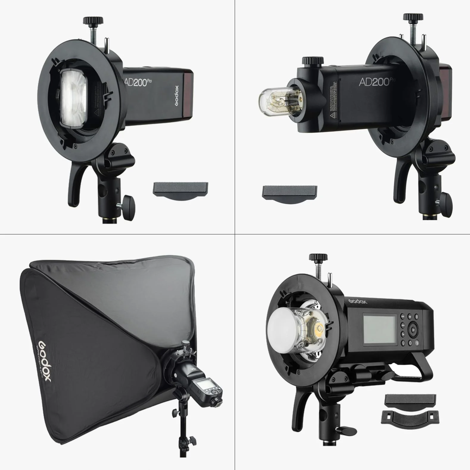 Godox S2 Bowens Support de Flash pour Godox AD200ProII AD400Pro AD300Pro AD300ProII, V1 V1Pro V100 Série, V860II, V860III, TT685II, TT350, TT600, Grande Poignée, Contrôle Précis de l'inclinaison