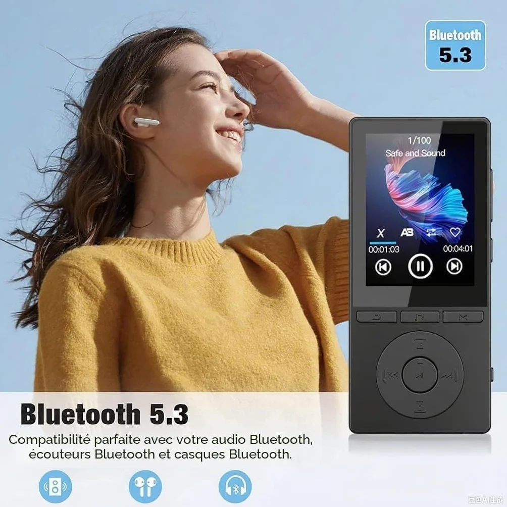 Lecteur MP3 Bluetooth 5.3 64 Go avec Haut-Parleurs, Radio FM, Écran Couleur 2,4 Pouces, Noir