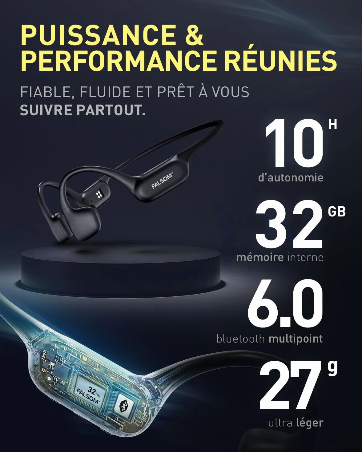 NexOne Pro, Casque à Conduction osseuse, IP68 Étanche, MP3 32 Go, 10 h d’Autonomie, Écouteurs sans Fil Bluetooth 6.0, Charge Rapide, Appels Clairs, Marque Française Premium, Très Polyvalent