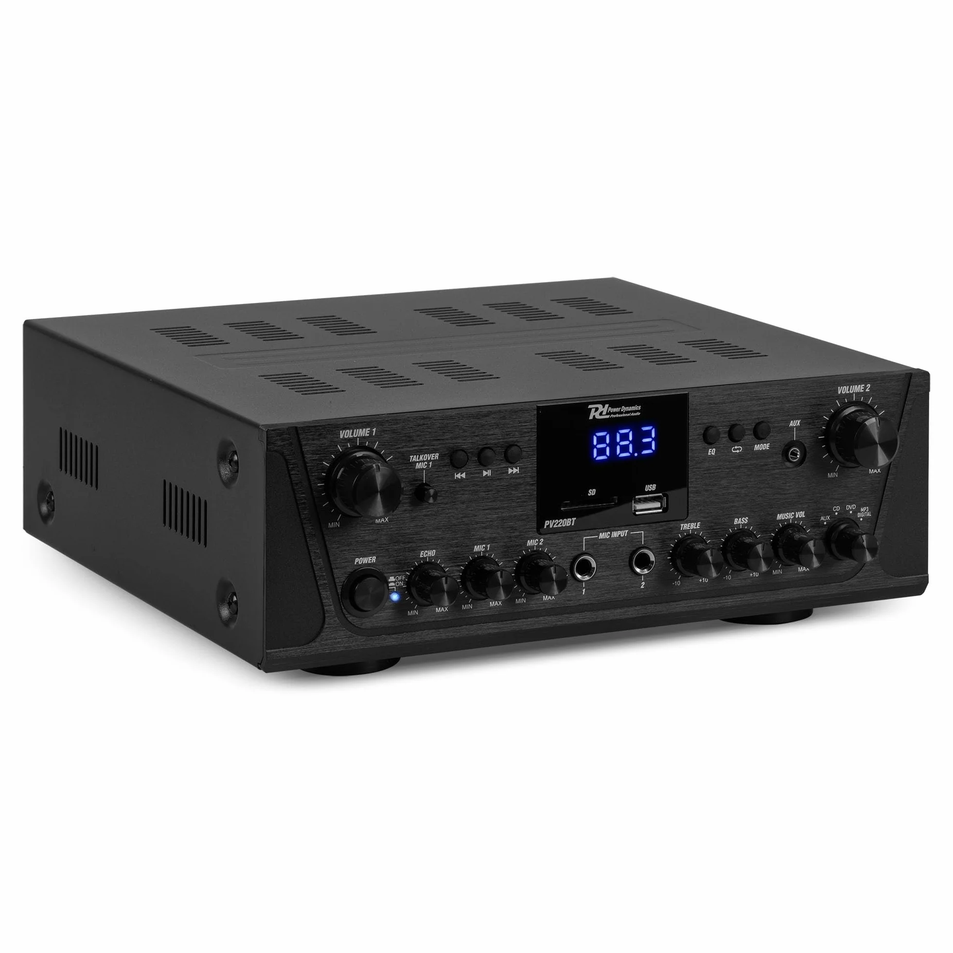 Power Dynamics PV220BT Amplificateur Audio Bluetooth 2x100W 2 Zones Lecteur MP3 USB/SD Radio FM Entrées RCA AUX Télécommande