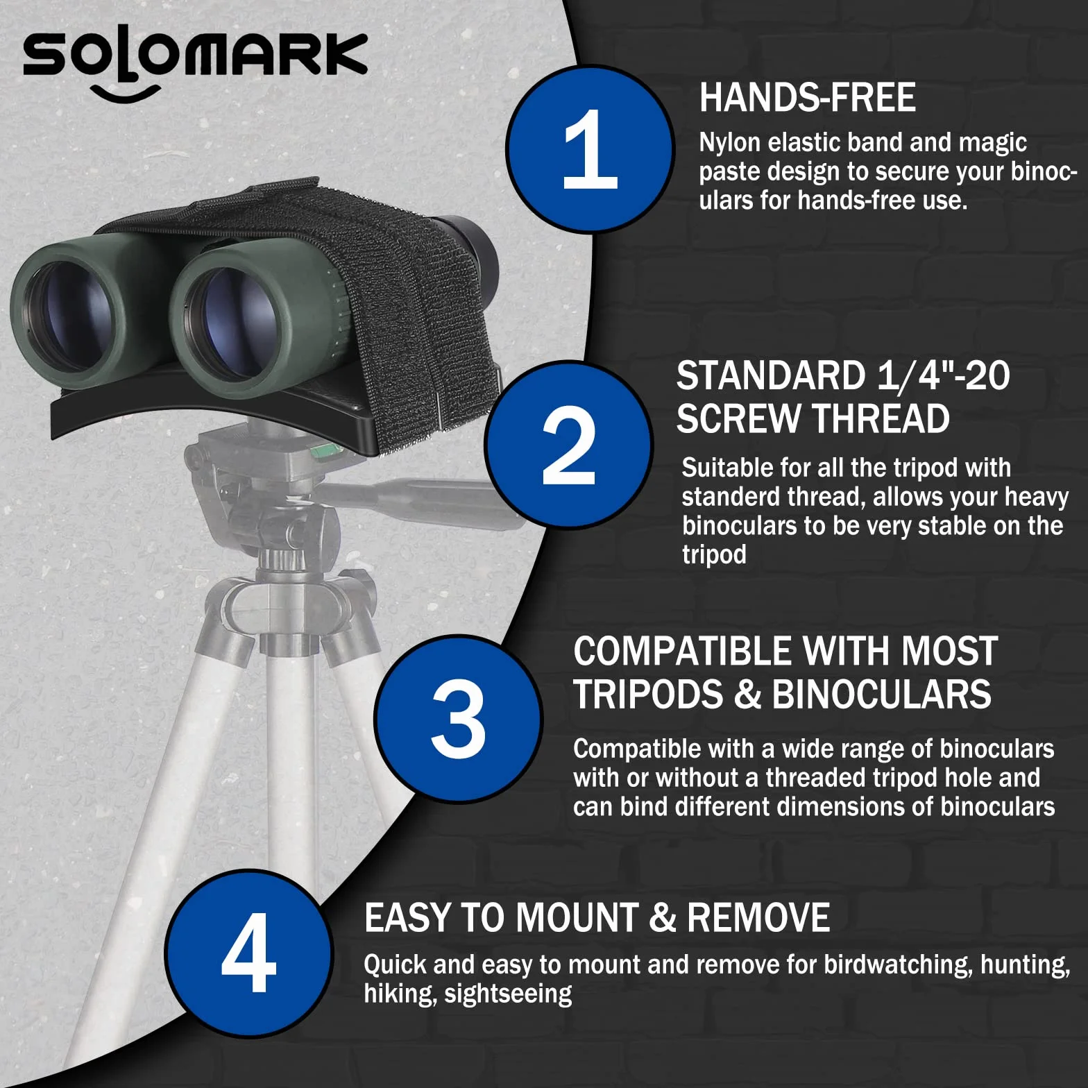 SOLOMARK Support universel pour jumelles 1/4-20 pour jumelles à connexion stable Compatible avec la plupart des trépieds