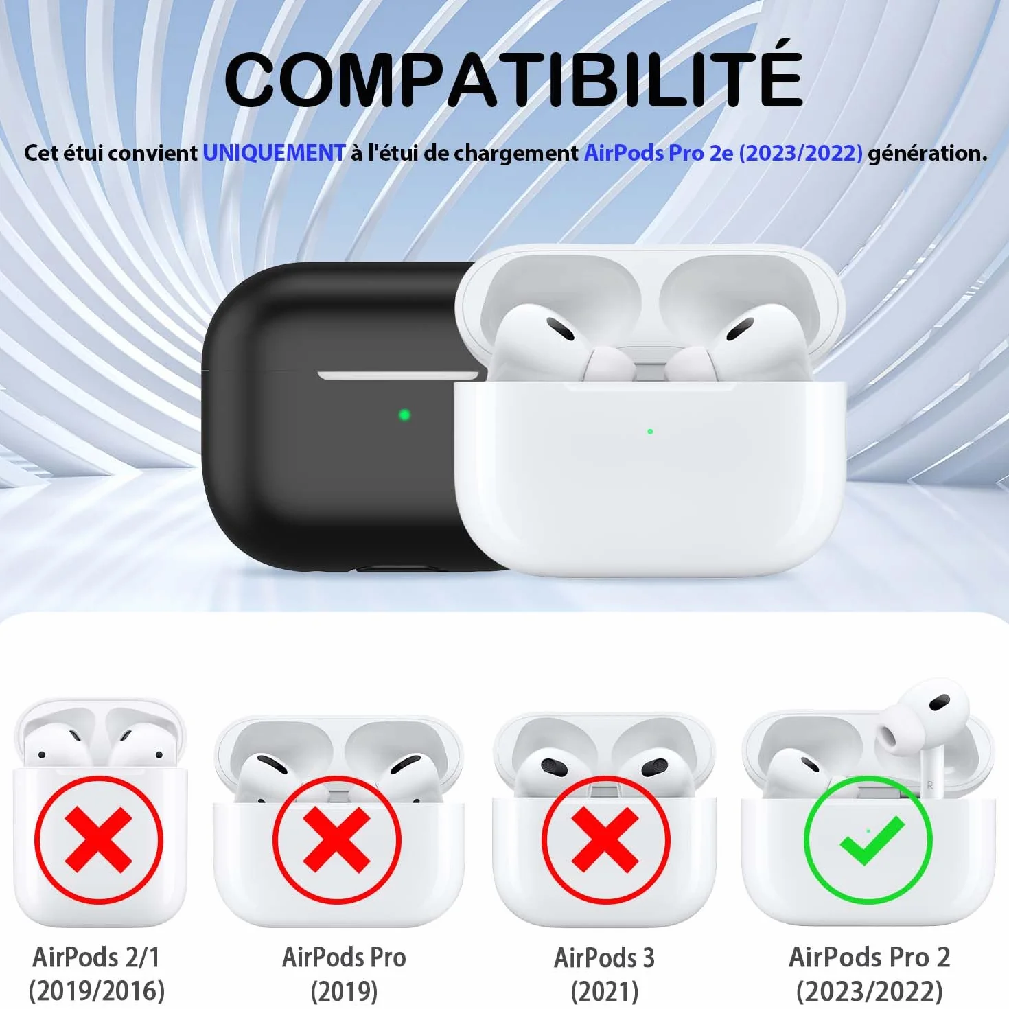 Coque pour AirPods Pro 2e génération Silicone Anti-Chute Noir avec Porte-clés