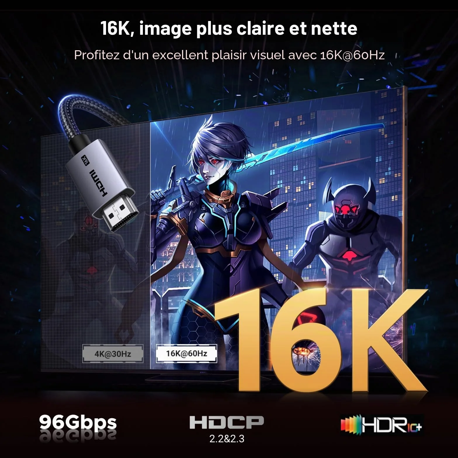 UGREEN 16K Câble HDMI 2.2 16K 60Hz 12K 8K 240Hz 96Gbps Ultra Haute Vitesse Cordon HDMI Aluminium LIP DynamicHDR Dolby Atmos HDCP Nylon Tressé Compatible avec PS5 4 Xbox MacBook Pro Blu Ray HDTV 2M