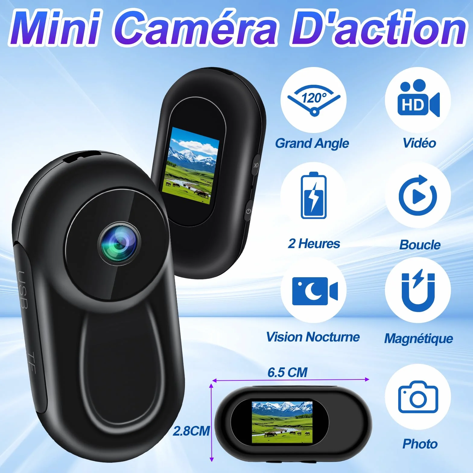 TANGMI Camera Sport Mini, Support Magnétique Moto 360, Dashcam Moto 1080P Grand Angle 120°, Vision Nocturne
