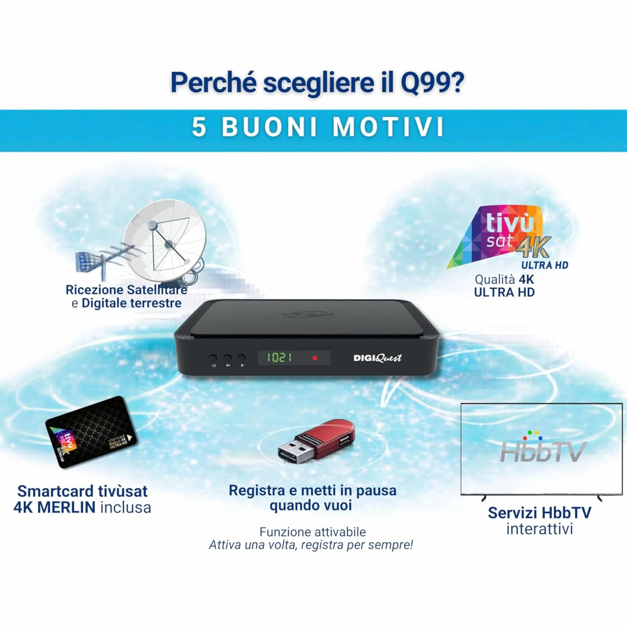 DIGIQUEST Décodeur tivùsat Combo 4K Q99 Satellite Terrestre HbbTV HEVC Main 10 Enregistrement Télécommande Smartcard Merlin