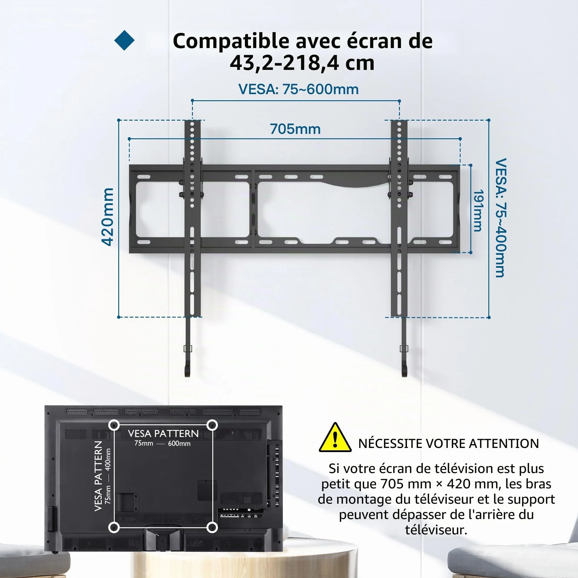 BONTEC Support Mural TV 17-86 Pouces, Fixation Murale Inclinable jusqu'à 75 kg, Compatible VESA 75x75 à 600x400mm, Support TV Mural Orientable avec Niveau à Bulle et Attaches de Câble Inclus