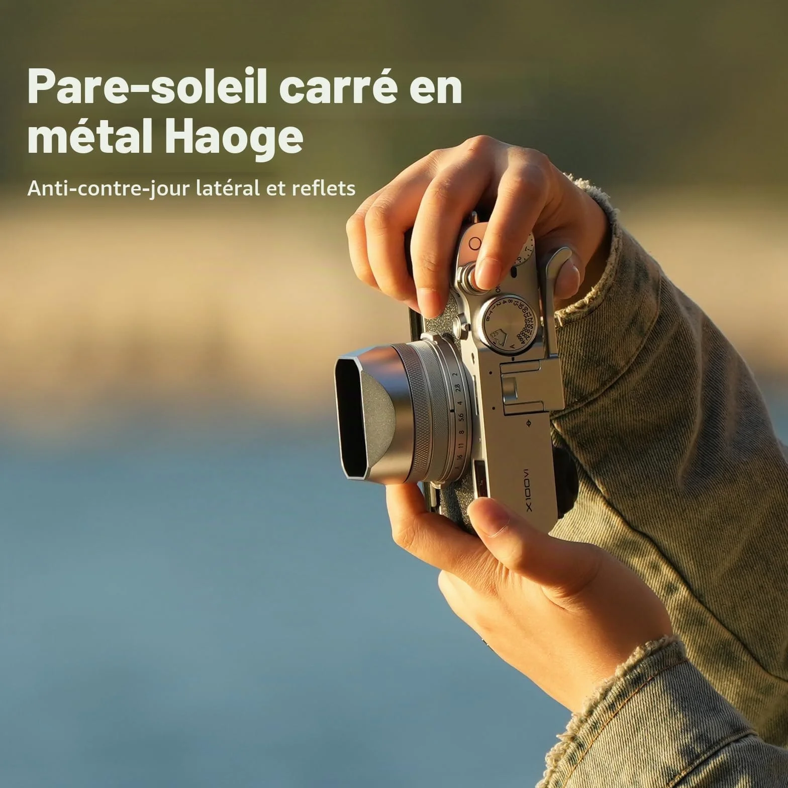 Haoge LH-X54W Pare-Soleil carré en métal avec Anneau Adaptateur 49 mm pour Appareil Photo Fujifilm x100vi Fuji X100V Argenté