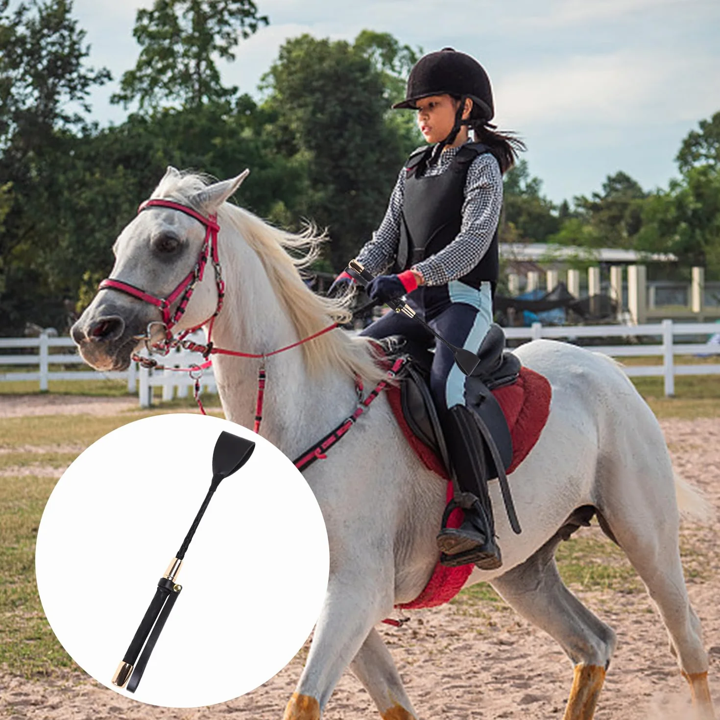 Cravache de cheval en cuir noir poignée antidérapante gel accessoires d'équitation