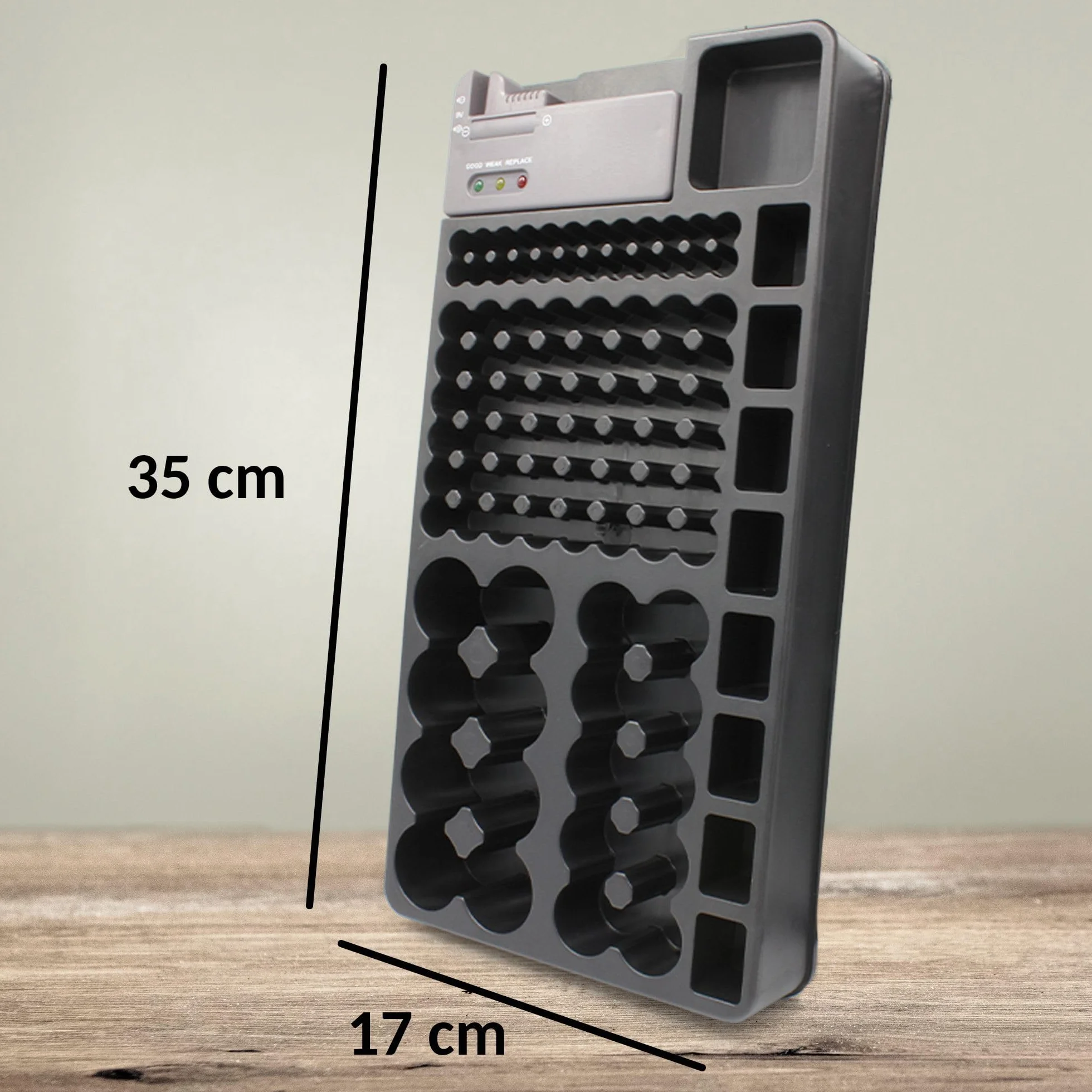 Boîte de Rangement Pour Piles - Capacité 98 Piles AA, AAA, 9V, C, D et Piles Bouton - Organisateur de Piles - Accrochable au Mur ou Tiroir - Avec Testeur de Piles Intégré - 35 x 17 CM - Noir