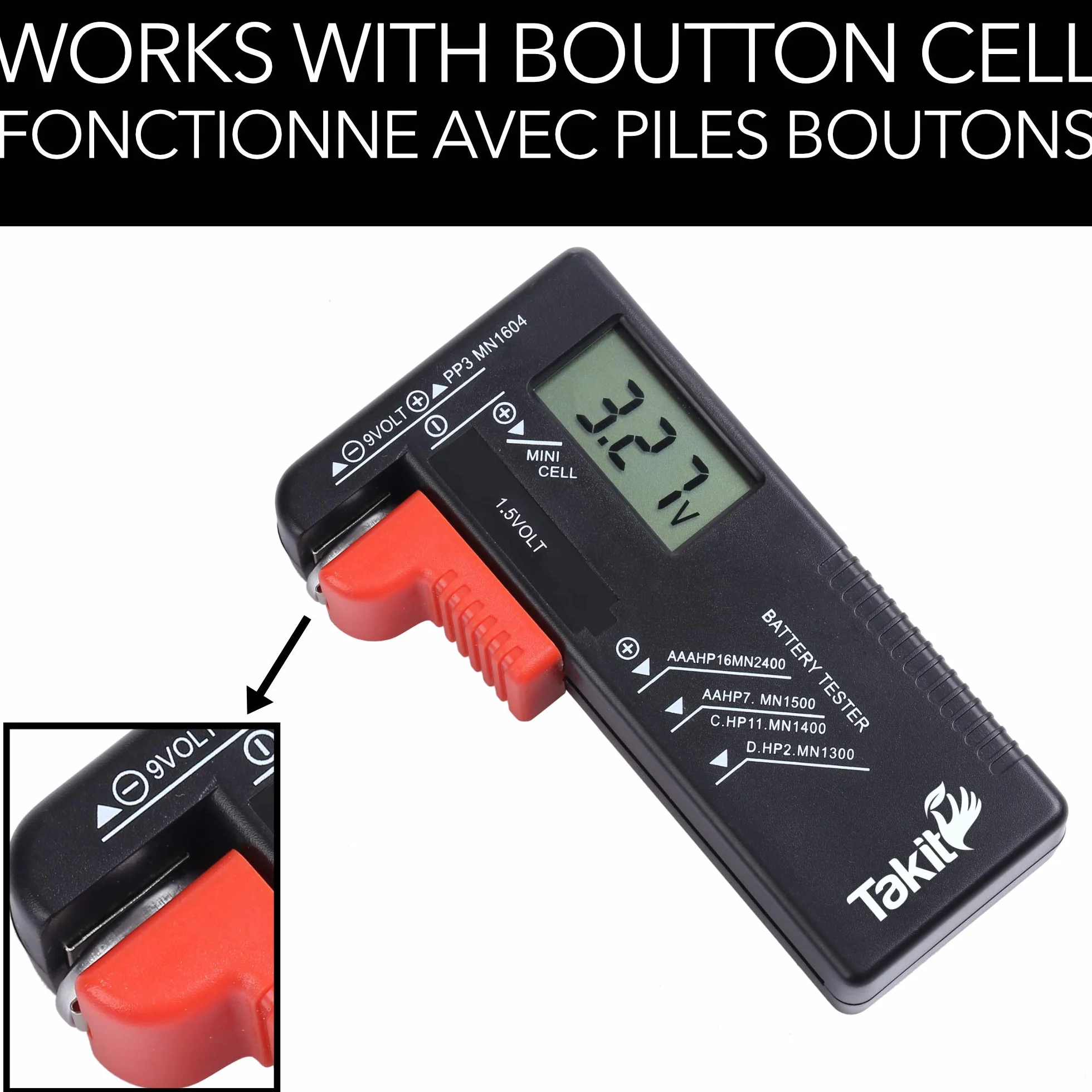 Takit Testeur de Piles Numérique pour AA AAA C D PP3 9V 1.5V Piles Bouton
