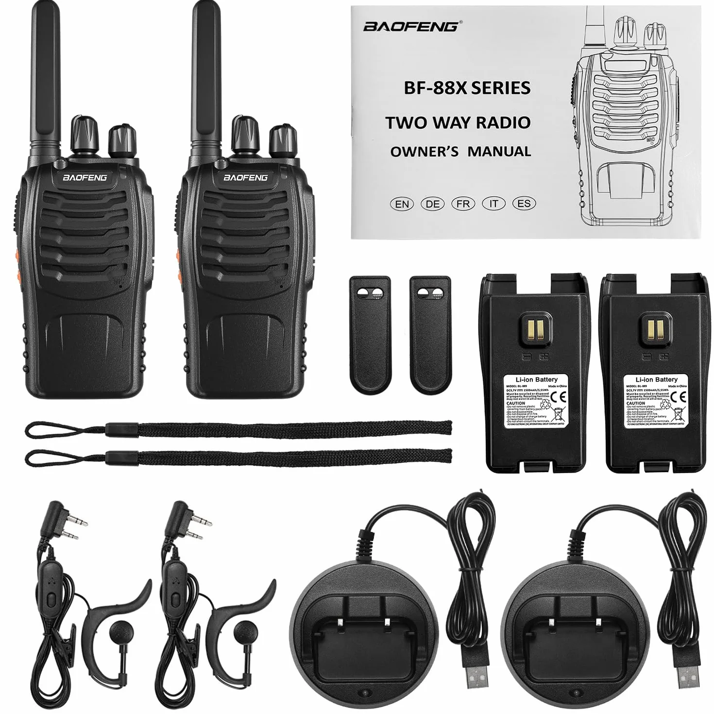 Talkie Walkie Professionnel BF-88X, Radio Bidirectionnelle 16 Canaux Longue Portée avec Chargeur USB, Noir (1 Paire)