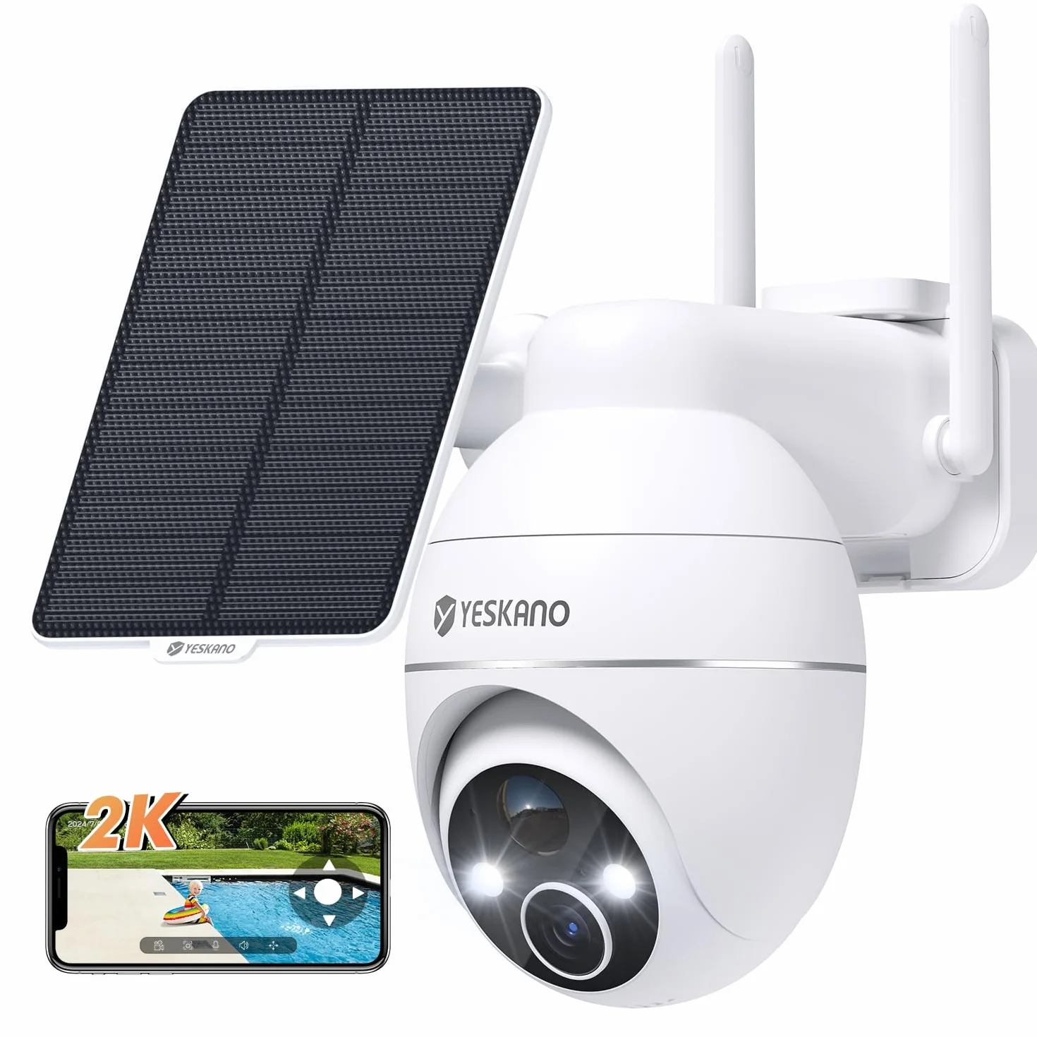 YESKANO 2K Camera Surveillance WiFi Exterieure Sans Fil Solaire, Caméra Extérieure Solaire 360° PTZ, avec Panneau Déporté 2M, Vision Nocturne Couleur, Détection PIR, Audio 2 Voies, 2,4 GHz, IP66 Blanc