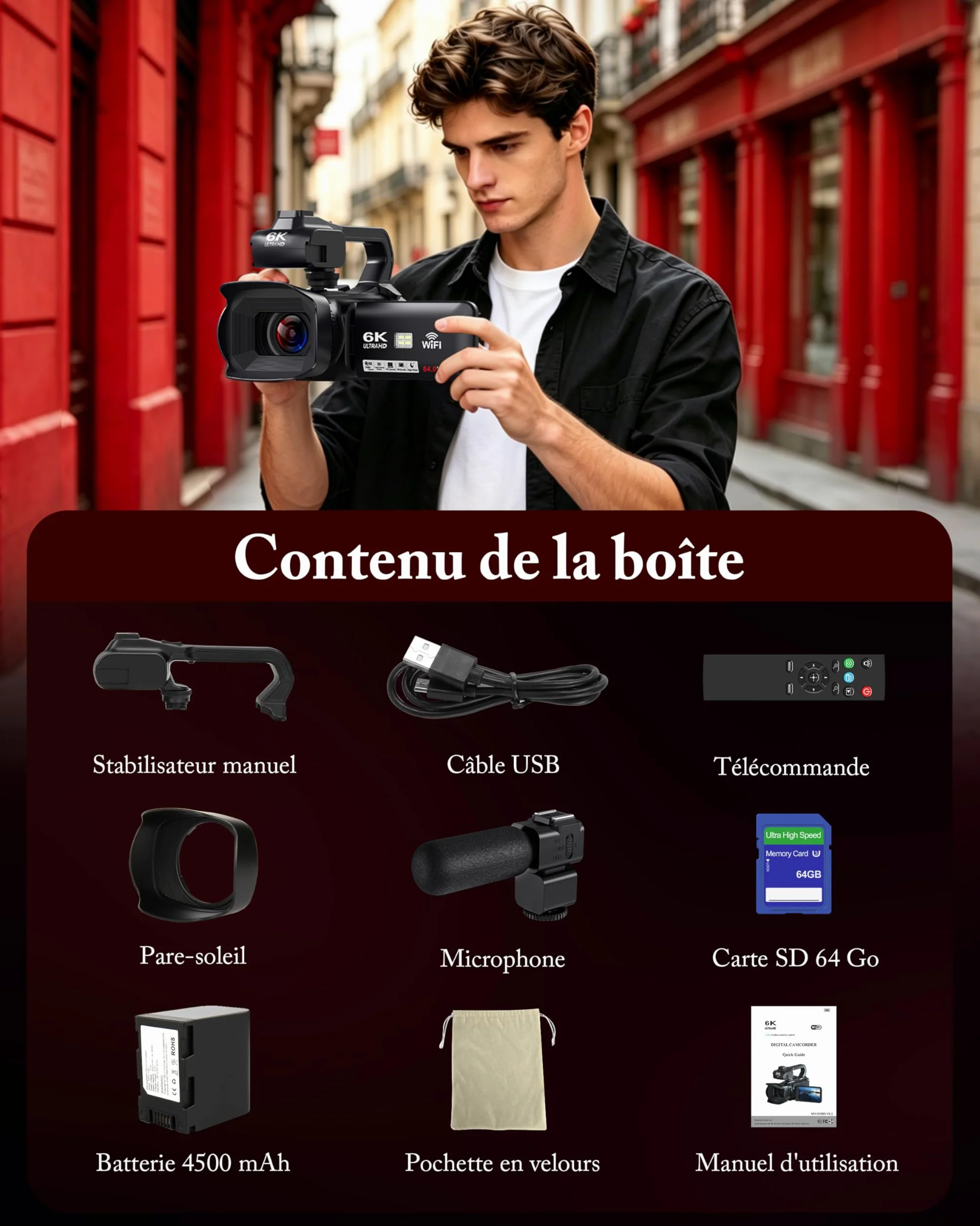 Caméscope 6K 64MP WiFi Vision Nocturne Infrarouge 18X Zoom Numérique avec Pile 4500mAh, Carte SD 64 Go