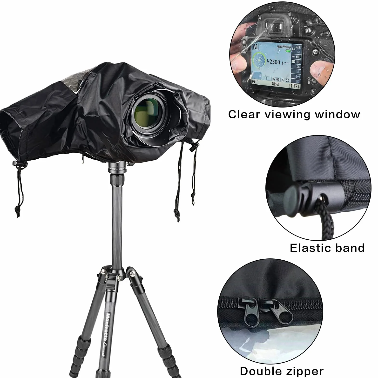 Protection Pluie Appareil Photo, Housse de Pluie pour Appareil Photo avec Fenêtre Transparente et Double Fermeture Éclair, Extérieur PVC, pour Reflex et Hybrides, Objectif Jusqu’à 22 cm