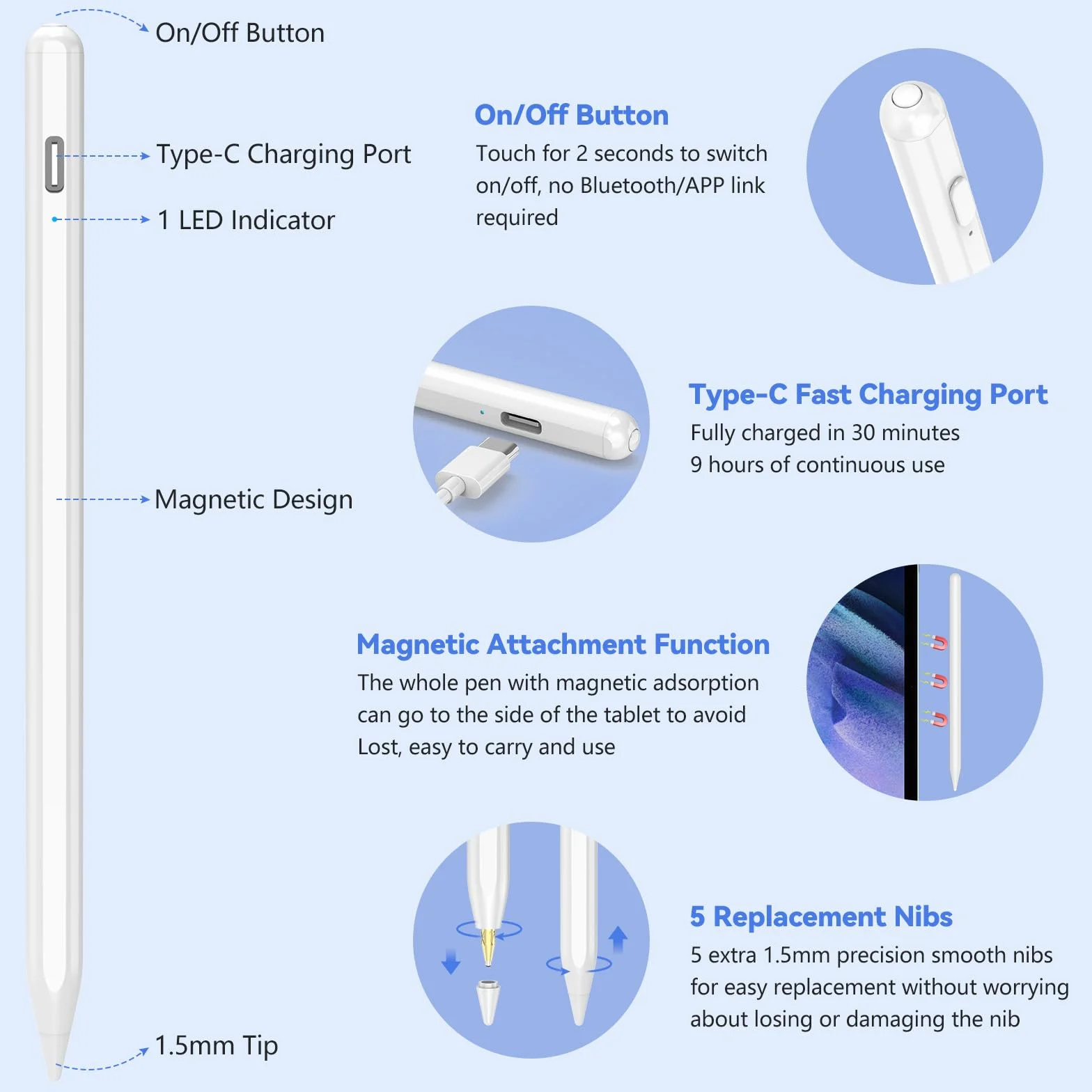 KISSLEAF Stylet Universel pour Tablette Android Samsung Lenovo Huawei Xiaomi Vivo avec 5 Astuces Pointe de 1.5 mm Charge Rapide 30min Adsorption Magnétique
