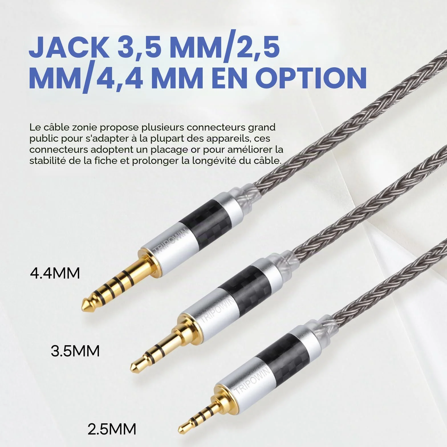 Tripowin Zonie IEM Câble 16 Fils Argenté 1,25m SPC In Ear Monitor 3,5mm 0,78mm 2pin Gris