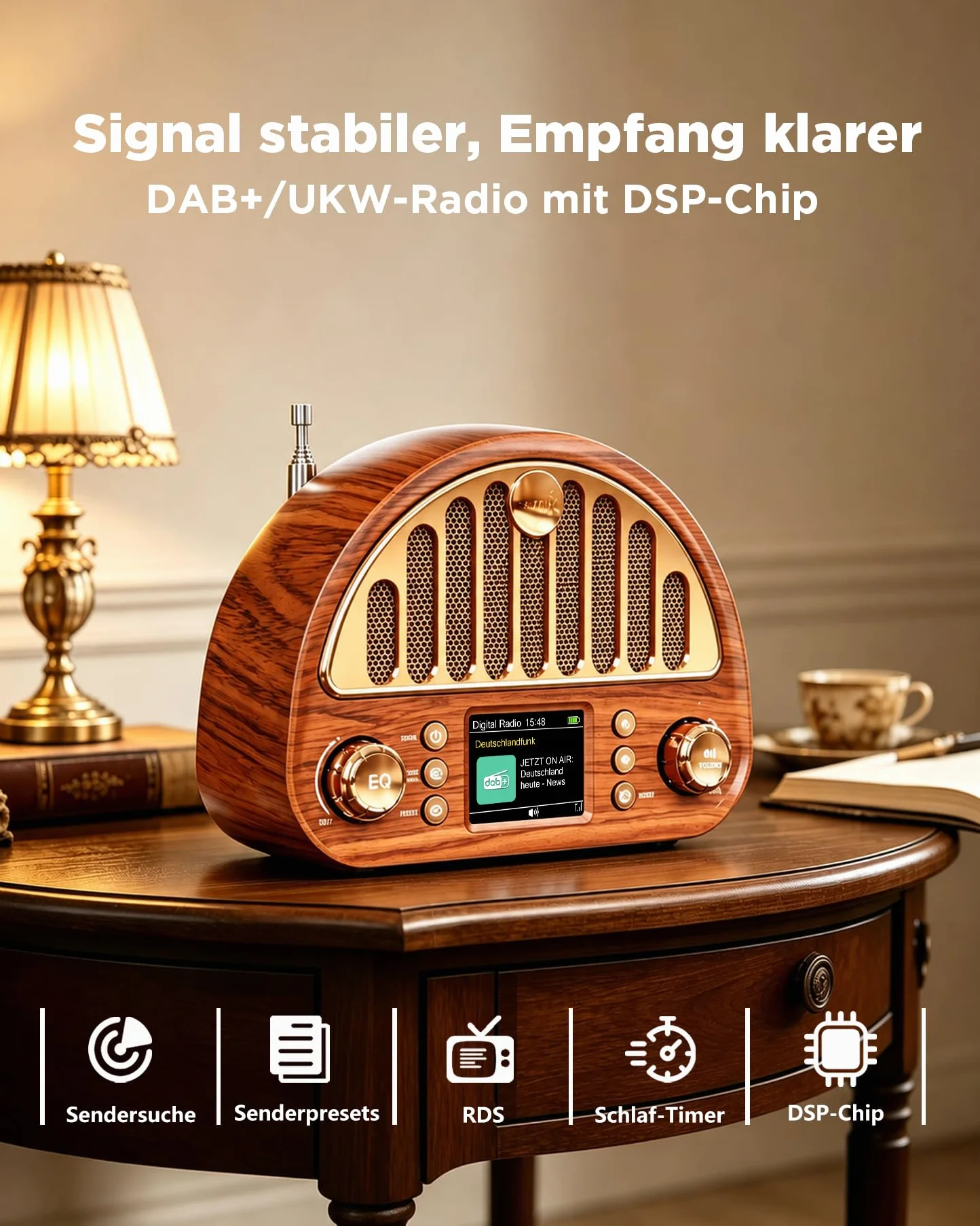Radio Vintage DAB+/FM Bluetooth Portable, Poste Radio Numérique avec Batterie Rechargeable 3000 mAh, Double Réveil