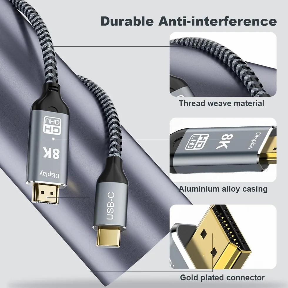 Augusplay Câble USB C vers HDMI 2.1, 8K@60Hz 4K@240Hz Type C vers hdmi High Speed Cable, HDR HDCP 2.3 Thunderbolt 4/3 vers HDMI Cable Compatible with iPhone 15 Pro MacBook Pro/Air UHD TV Monitor, 2M