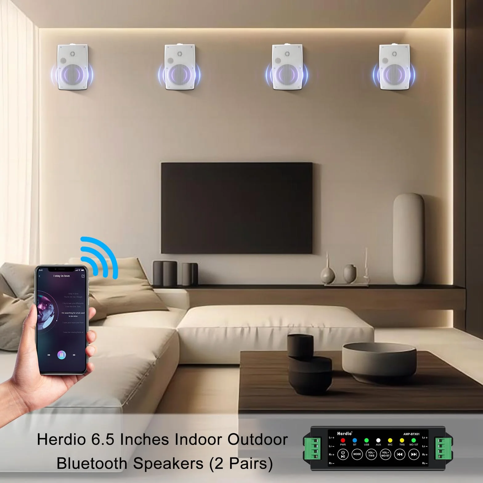 Herdio 6,5 Pouces 800 W Haut-parleurs Bluetooth d'extérieur, filaires étanches avec amplificateur Multifonctionnel, Haut-parleurs muraux pour terrasse, Piscine, Jardin (Blanc)