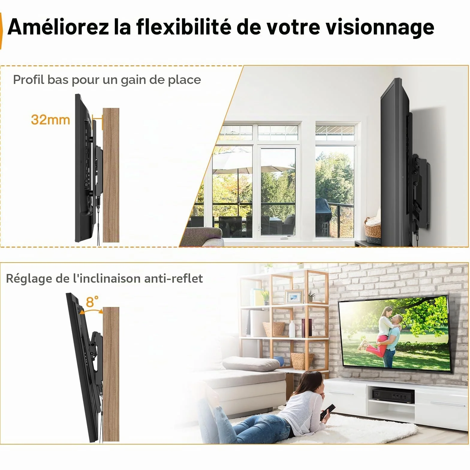 Perlegear Support Mural TV Inclinable pour LED, LCD, OLED, TV à Écran Plat de 26 à 65 Pouces, VESA Max 400×400 mm Capacité Max 45 kg