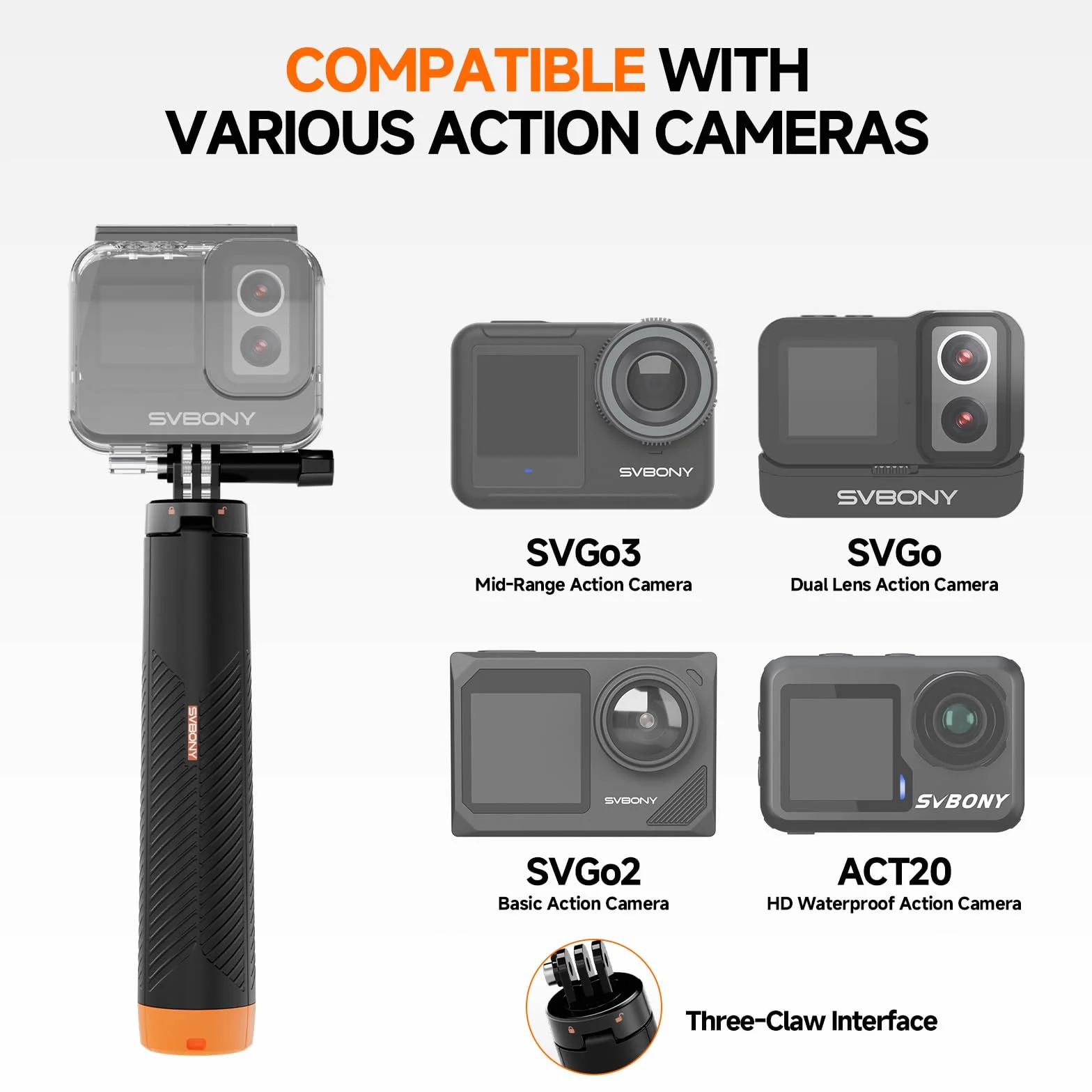 Svbony (2nd) Perche à Selfie 3in1 étanche Compatible avec GoPro Hero 13, 12, 11, 10, 9, 8, Compatible avec DJI Osmo Action 5 Pro 4 3, Compatible avec Insta360 Ace Pro 2, Convient aux Sports Nautiques