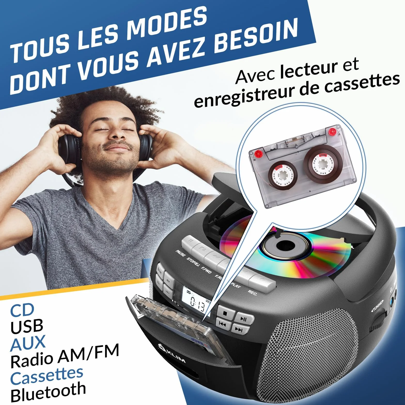 KLIM Lecteur CD Cassette Audio AM/FM Radio Bluetooth Stéréo Argent