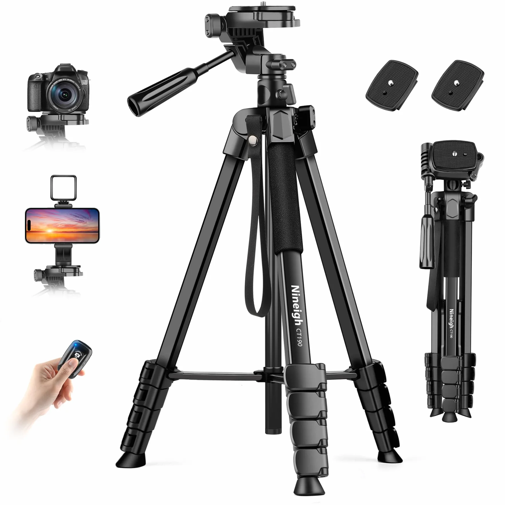 Nineigh Trepied Appareil Photo,190cm Trepied Smartphone avec Bras Télescopique Horizontal, Aluminium Trépied Caméra avec Télécommande pour iPhone, Samsung, Huawei,Caméra légère