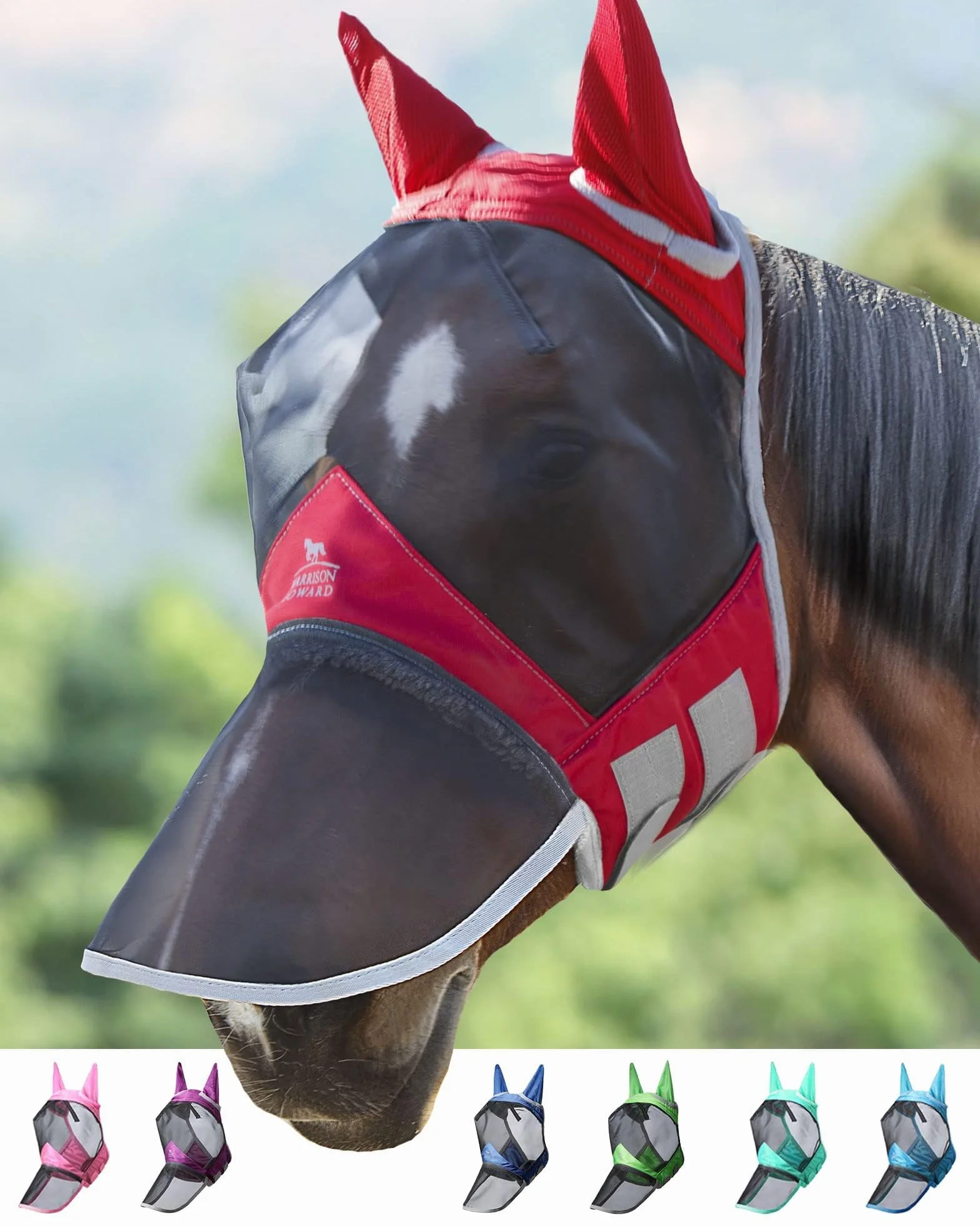 Harrison Howard CareMaster Pro Masque Anti-Mouches Lumineux pour Cheval - Grand Espace pour Yeux avec Oreilles - Protection UV - Rouge - Taille complète